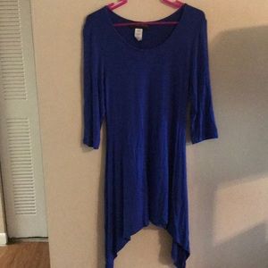 Short, blue dress, long on the sides. Size M